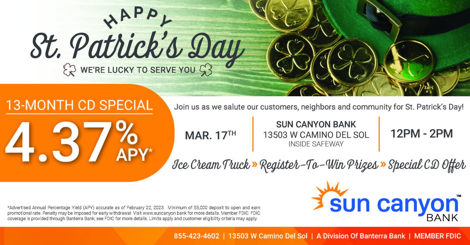Sun Canyon's St. Patrick's Day Event is on March 17, 2023 from 12pm - 2pm at our Sun City West location. 